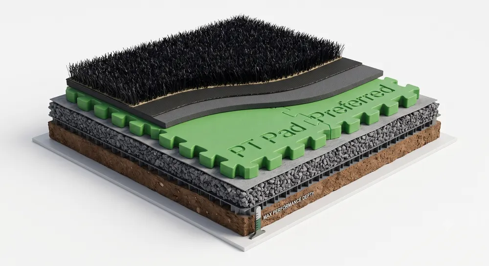 PT Pad Preferred shock-pad turf system, cutaway view